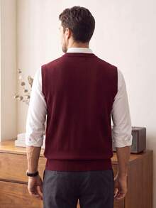 Men's Crew Neck Solid Colored Knit Sweater Vest, Autumn/Winter - Burgundy - View 3