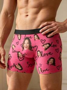 1pc Customized Face Photo Men's Boxer Briefs, Personalized Pink Heart Print Funny Underwear, Boyfriend Gift - Multicolor - View 4