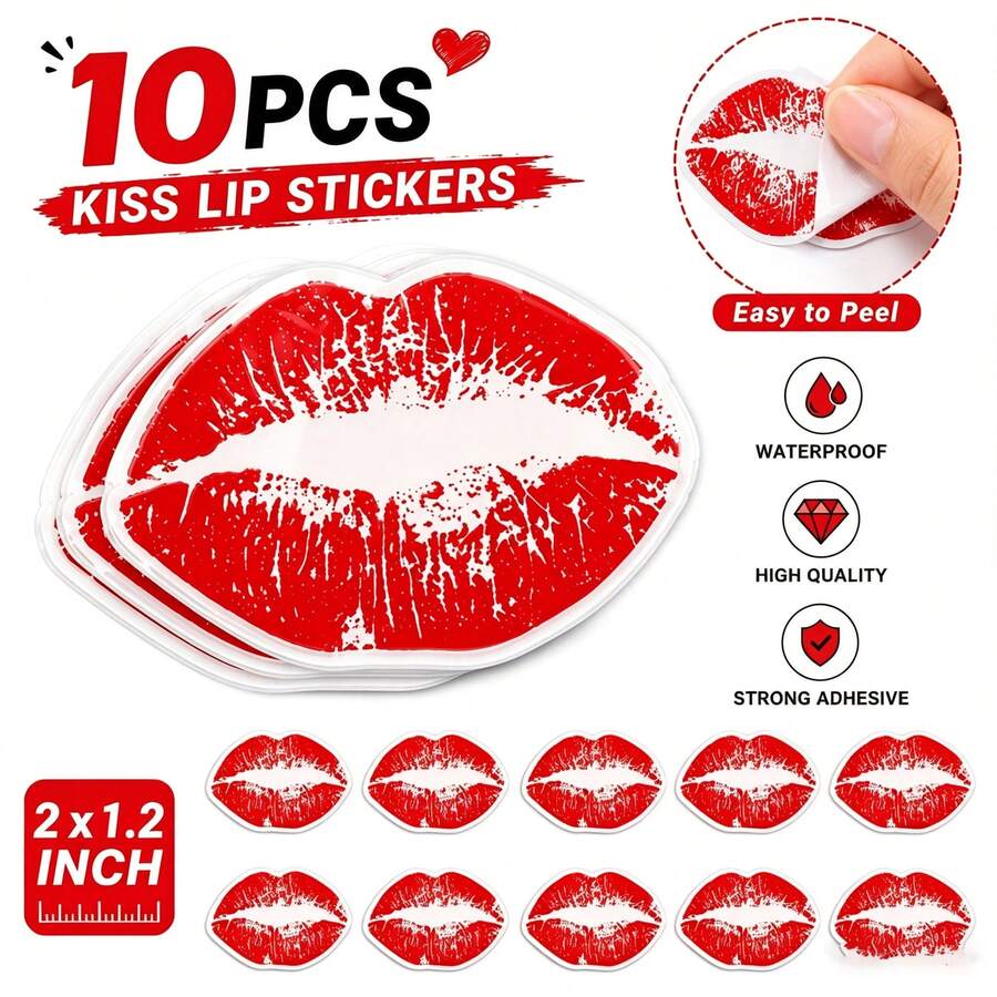10Pcs Kiss Lip Stickers, Waterproof Strong Adhesive Red Lip Print Decals, Party Decorative Stickers For DIY Crafts Gift Envelope Festival Party Supplies - A - View 1