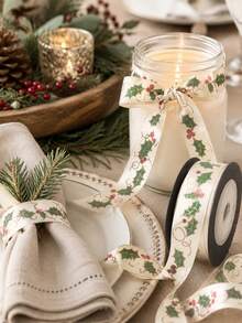 4.5m Vintage Holly Print Ribbon, Suitable For Gift Wrapping, Holiday Party Celebration Bow Decoration, Also For Sewing DIY Handmade Crafts - Multicolor - View 2