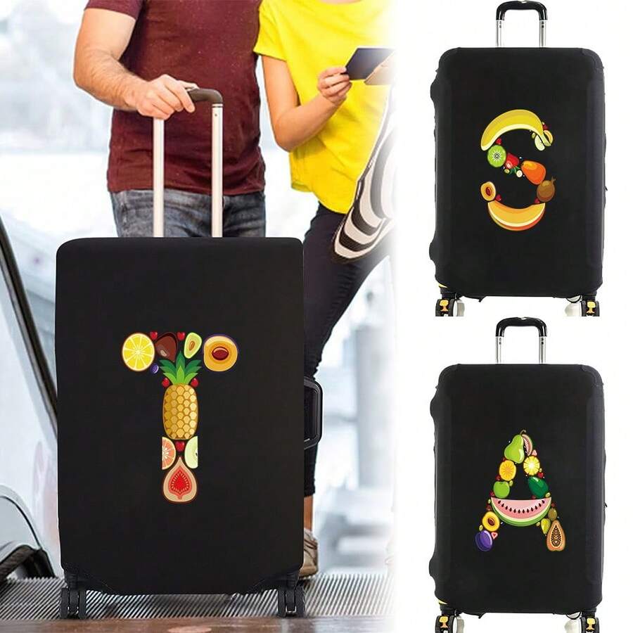 Elastic Luggage Cover, Fruit Letter Pattern Stretch Suitcase Protector, Dust‑Proof Scratch Resistant Travel Luggage Sleeve For 18‑32 Inch Suitcase - Black - View 1