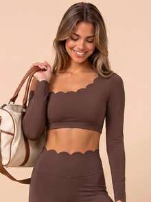 Women's Lace Trim Long Sleeve Cold Shoulder Sports Top, Skin-Friendly With Built-In Bra Pads, Versatile Yoga Fitness Top - Burgundy - View 2