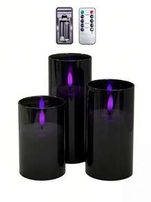 3pcs Remote Control Purple Flame Electronic Candles, Realistic Flickering Purple Flame, Timer Dimmable, Halloween Dark Room Bedroom Party Smokeless Tabletop Atmosphere Decoration Candle Light Set - Black Purple Light - View 11