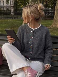 Women's Soft Plush Cardigan Sweater, Round Neck Colorful Button Knit Top, Suitable For Christmas, Halloween, Thanksgiving - Dark Grey - View 6