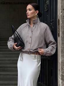 Women's Woven Plaid Long Sleeve Button-Up Cardigan Collar Shirt, Drawstring Hem, Fashionable Autumn Top - Brown - View 2