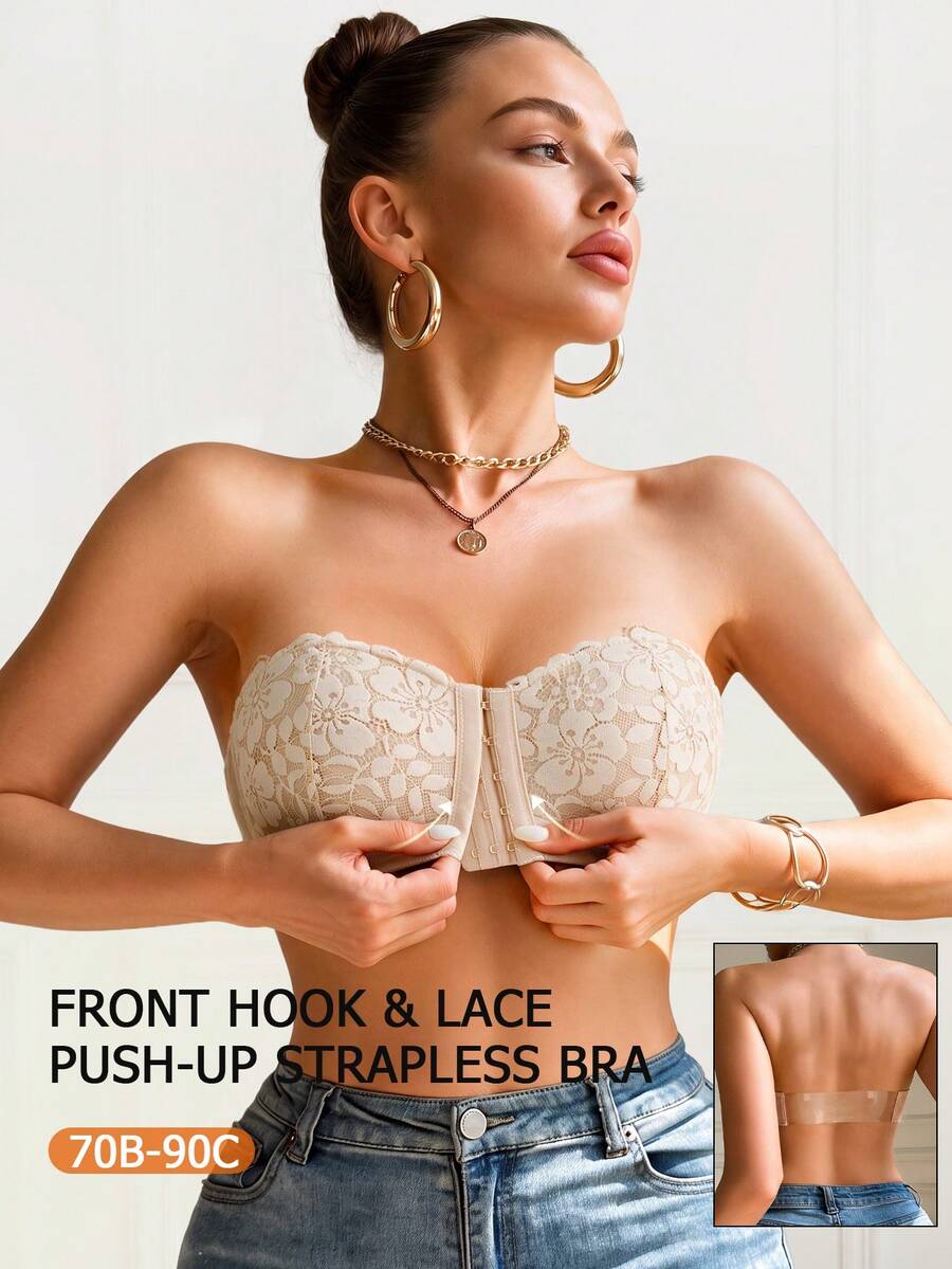 1pc Women's White Underwire Front Closure Lace Bra, Sexy Comfortable Lift Support Push-Up Lingerie, Strapless Bra