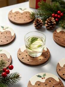 8pcs/4pcs Holiday Christmas Pudding Wooden Coasters - Featuring Custom Holiday Patterns With Meat Pies And Snowflakes,Perfect For Home,Office,Cafe Or Tea Room Decoration And Holiday Table Setting/Holiday Coasters/Wooden Coasters,Christmas Table Decor - View 3