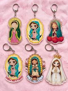6pcs Cute Our Lady Of Guadalupe Acrylic Keychains, Cartoon Virgin Mary Religious Key Rings, Catholic Faith Hanging Decor Key Fobs, Suitable For Bags, Backpacks, Purses, Christian Spiritual Gifts For Women And Girls - Multicolor - View 7