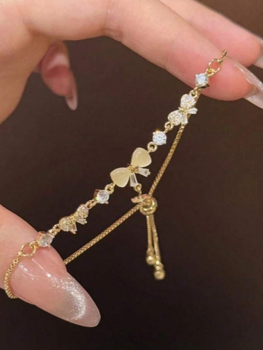 1pc Cute Bow Crystal Bead Bracelet, Gold Adjustable Slider Bracelet, Sweet Daily & Party Jewelry Gift - Multicolor - View 1