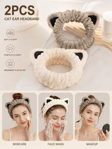 Plush Cat Ear Headband, Soft Coral Fleece Face Wash Headband, Suitable For Makeup, Skincare, Face Mask, SPA, Shower And Daily Beauty Care - Multicolor - View 11