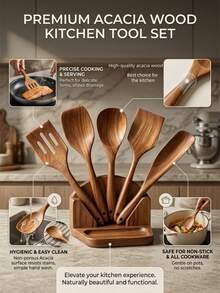 3/5‑Piece Natural Wooden Kitchen Utensils Set, Non‑Stick Cookware Spatula & Rice Spoon, Easy To Clean Cooking Tool For Kitchen, Housewarming Halloween Easter Christmas Gift - Rust Brown - View 3