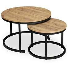 2-Piece Round Nesting Coffee Table Set, Industrial Loft Side Tables With Craft Oak-Effect Tops & Black Metal Frames, Space-Saving Living Room Furniture, Large 70cm & Small 50cm Tables - Brown - View 3
