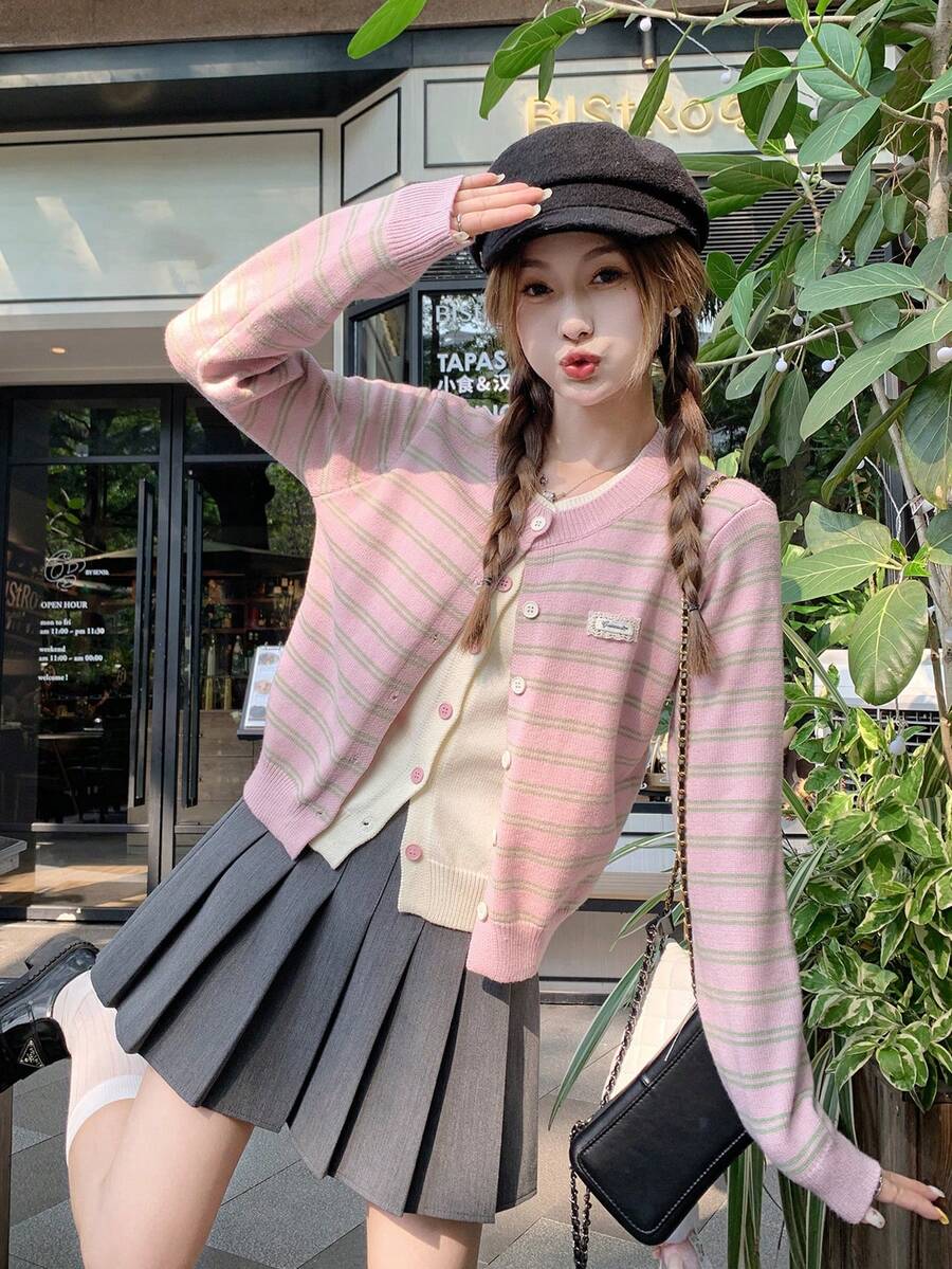 粉色條紋 2 合 1 女款秋季溫柔寬鬆針織開襟衫上衣 - 粉色 - 查看 1