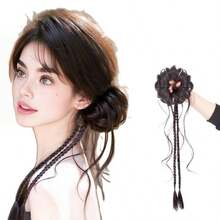 Vintage Style Side-Tied Dragon Beard Bun Wig Hair Scrunchie Hanfu Updo Cheongsam Flower Bud Hair Bun Wig Braided Boxing Braid Hair Scrunchie Hair Accessory - Black - View 2