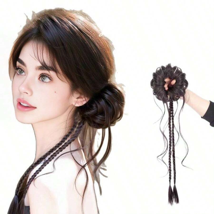 Vintage Style Side-Tied Dragon Beard Bun Wig Hair Scrunchie Hanfu Updo Cheongsam Flower Bud Hair Bun Wig Braided Boxing Braid Hair Scrunchie Hair Accessory