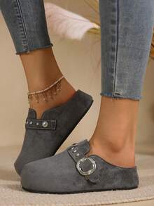 Sandal đế xuồng đế dày mũi kín nửa gót màu trơn đính đinh tán, kiểu xỏ chân thời trang, mặt trên da lộn, tăng chiều cao, phù hợp đi ngoài trời và đi làm hằng ngày - Xám - Xem 4
