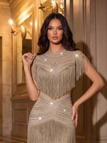 Modphy New Women's Sexy Rhinestone Tassel Dress, Elegant High Elasticity Knit Fitted Long Bandage Dress, Suitable For Wedding, Formal Dinner, Party - Apricot - View 2