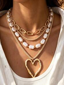 3pcs Simple Fashion Multi-Layer Faux Pearl Exaggerated Heart & Geometric Pattern Necklace Set For Women, Sisters, Holiday, Vacation, Party, Date, Gift, Daily Commute, Personalized Outfit - Yellow Gold - View 1