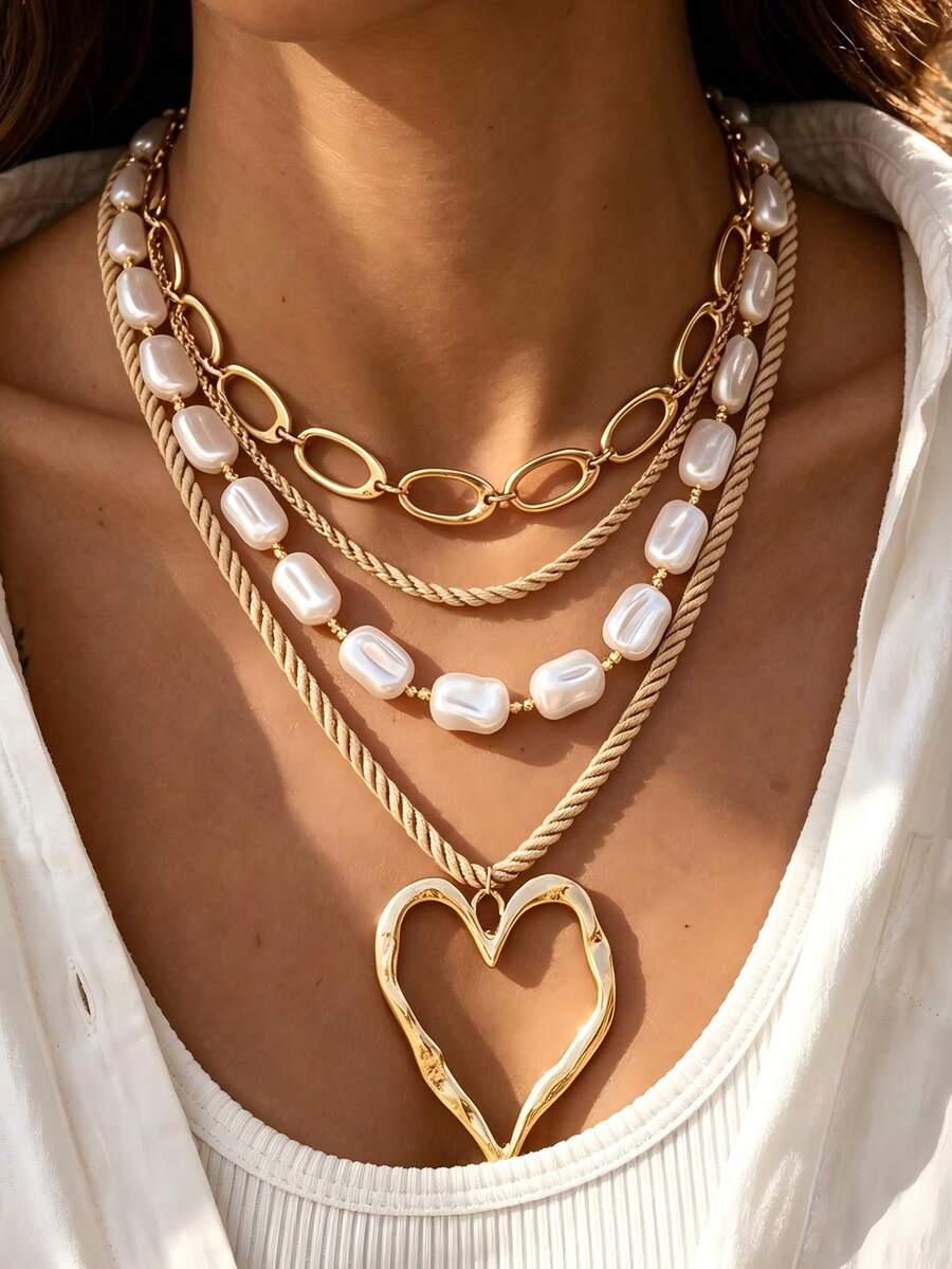 3pcs Simple Fashion Multi-Layer Faux Pearl Exaggerated Heart & Geometric Pattern Necklace Set For Women, Sisters, Holiday, Vacation, Party, Date, Gift, Daily Commute, Personalized Outfit - Yellow Gold - View 1