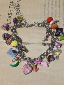 1pc Cute Fruit Cake Charm Bracelet, Chocolate Toast Donut Bracelet, Coffee Bean Fun Bracelet - Silver - View 8