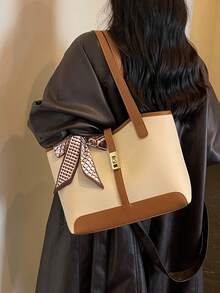 休閒商務大容量雙肩帶托特包，附圍巾裝飾，適合女孩與女性購物、通勤、外出及商務活動 - 彩色 - 查看 5