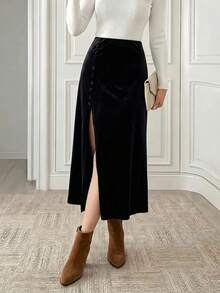 Women's High Waist Side Button Slit Skirt, Black Velvet Mid-Length Skirt, Suitable For Afternoon Tea/Vacation/Date/Party Wear - Black - View 3