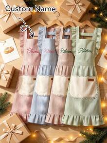 1pc Personalized Ruffle Apron, Adjustable Striped Kitchen Apron (With Pockets), Customized Baking Apron, Farmhouse Kitchen Accessory, Vintage Women'S Apron, Home Cooking Apron, Barista Apron, Handmade Style Kitchen Gift, Housewarming Gift - Multicolor - View 2