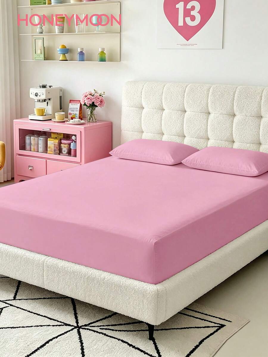 1pc Solid Color Fitted Sheet, Mattress Protector, Soft & Breathable, Fits Twin, Full, Queen, King Size Beds, Essential Bedding For Home & Dorm - Hot Pink - View 1