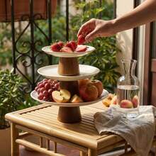 1 Set Stainless Steel Cream White Tray With Wooden Base, Multi-Functional Tray, Candy Tray, Cake Tray - Wooden Stand, White Stainless Steel Tray - View 5