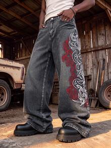 Men's Loose Wide Leg Jeans, Vintage Washed Black Denim Pants, Side Red & White Embroidery Pattern Design, Loose Y2K Hip Hop Streetwear - Black - View 2