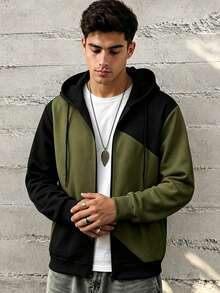 Men's Contrast Color Patchwork Zipper Hoodie Sweatshirt, Long Sleeve Top - Army Green - View 2