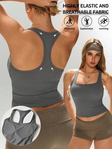 Square Neck Sports Tank Top With Built-In One-Piece Padding, Sexy Open Back Design, Knitted Fabric, Solid Color, Suitable For Fitness, Yoga, Daily Casual Wear, All Season - Grey - View 2
