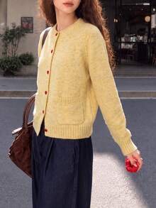 Women's Knitted Long Sleeve Cardigan, Heart-Shaped Button Design, Short Round Neck Winter Sweater, Suitable For Autumn Wear - Yellow - View 5