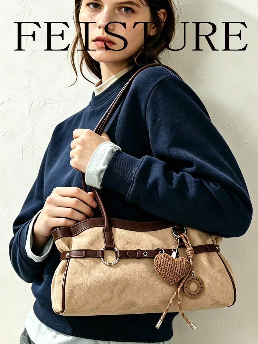 FEISTURE 1件裝女款麂皮扣飾單肩包，時尚吊飾手提包，適合女孩、女性、大學生、職場新人與白領上班族，完美適用於工作、商務、通勤、上學