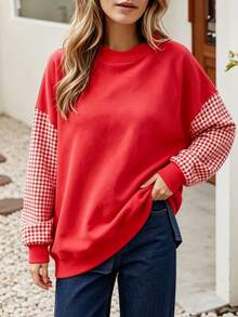 2026 Women Oversized Striped Crew Neck Sweatshirt, Long Sleeve Loose Drop‑Shoulder Pullover For Daily Street Look Dating Weekend Friend Gathering - Red - View 5