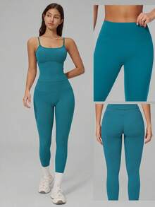 Sodalemon Women's Seamless Front Pilates Training Leggings, Solid Color Yoga Tight Pants, Running Outdoor Sports Pants - Teal Blue - View 8