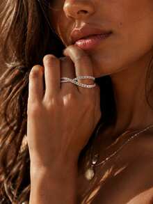 FAAABULS 1pc Silver Infinity Symbol Twisted Knot Ring, Sparkling Crystal Women's Daily Wedding Prom Party Accessory - Silver - View 1