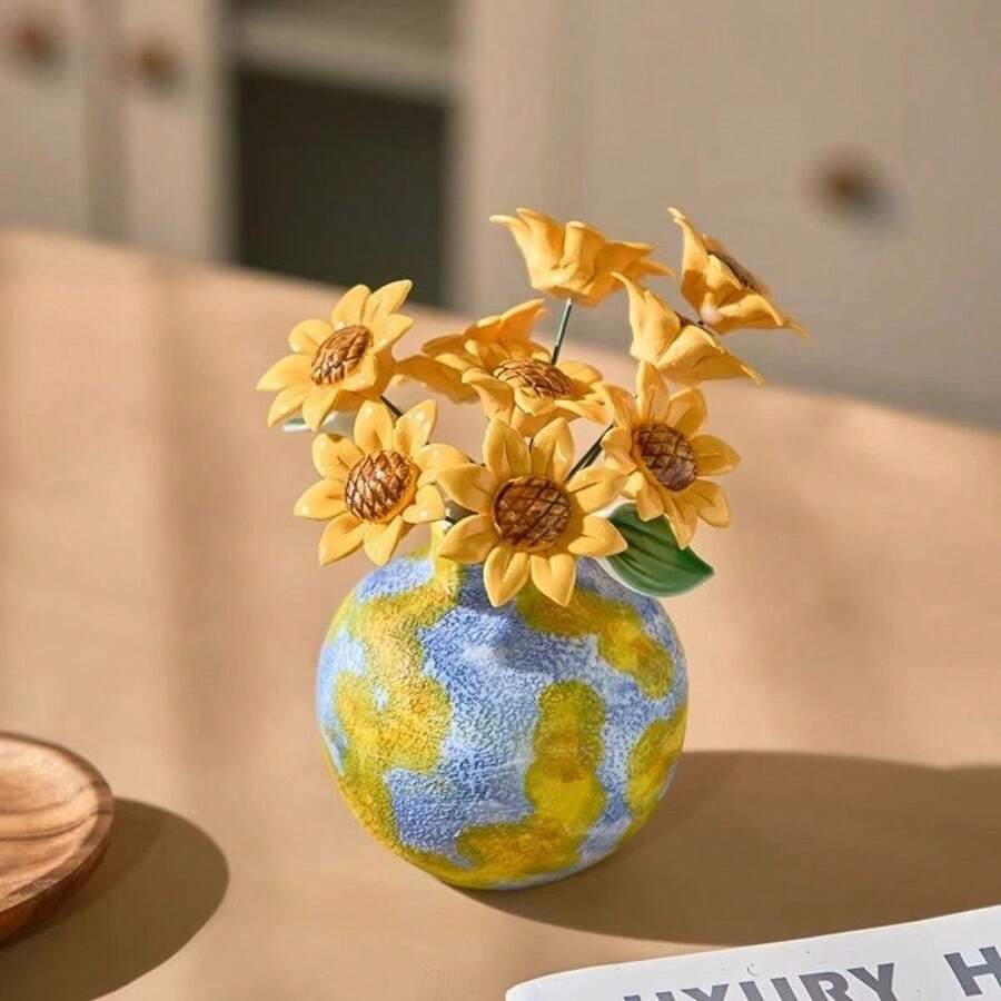 1pc Handmade Globe Pattern Ceramic Vase, Creative Round Textured Vase, Modern Aesthetic Desktop Ornament, Decorative Flower Vase For Living Room Bedroom Office Home Table Decor - Multi-color - View 1