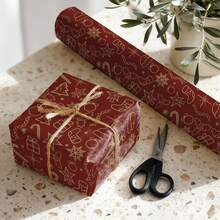 1 Roll Christmas Wrapping Paper, Vintage Red & Gold Cursive Merry Christmas Print Kraft Paper Gift Wrapping Paper, Christmas Holiday Gift Box Packaging Decoration - A - View 10