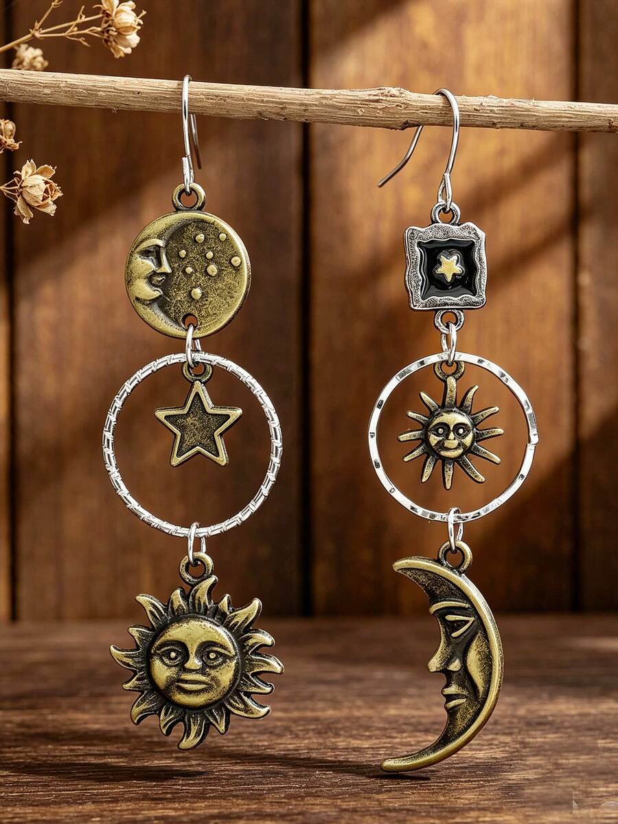 1 Pair Vintage Creative Moon And Sun Long Pendant Earrings, Fashion Ear Jewelry