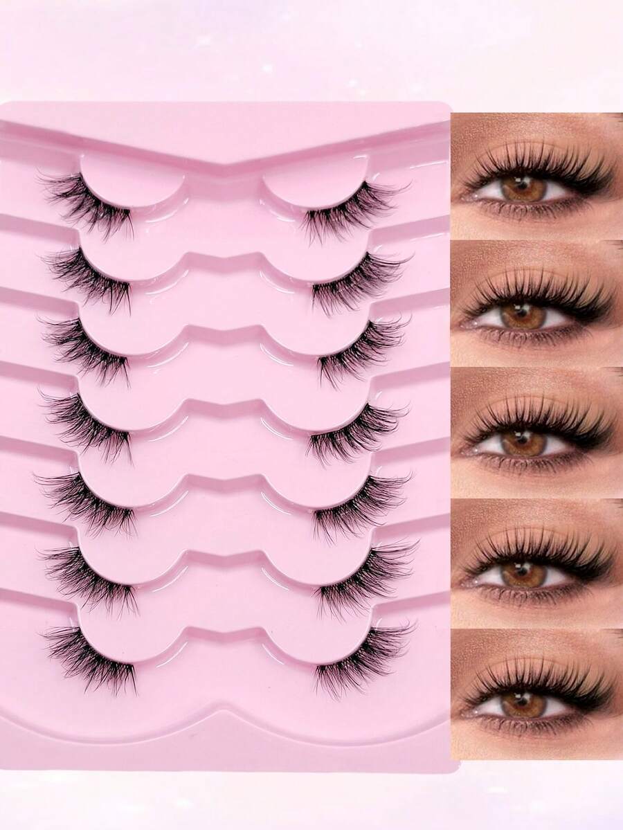 7 Pairs Half Lashes Clear Band Natural False Eyelashes Reusable, Lightweight & Comfortable Corner Eyelashes Soft &Wispy, Perfect For Daily Wear - Black - View 1