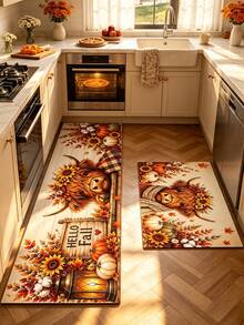 1/2pcs Thanksgiving Autumn Floor Mat, Bull & Floral Pattern, Vintage Diatomaceous Earth Mat, Super Absorbent, Non-Slip, Perfect For Bathroom, Kitchen And Dining Room, Quick Drying, Ideal Home Decor And Bathroom Mat Gift - Multicolor - View 1