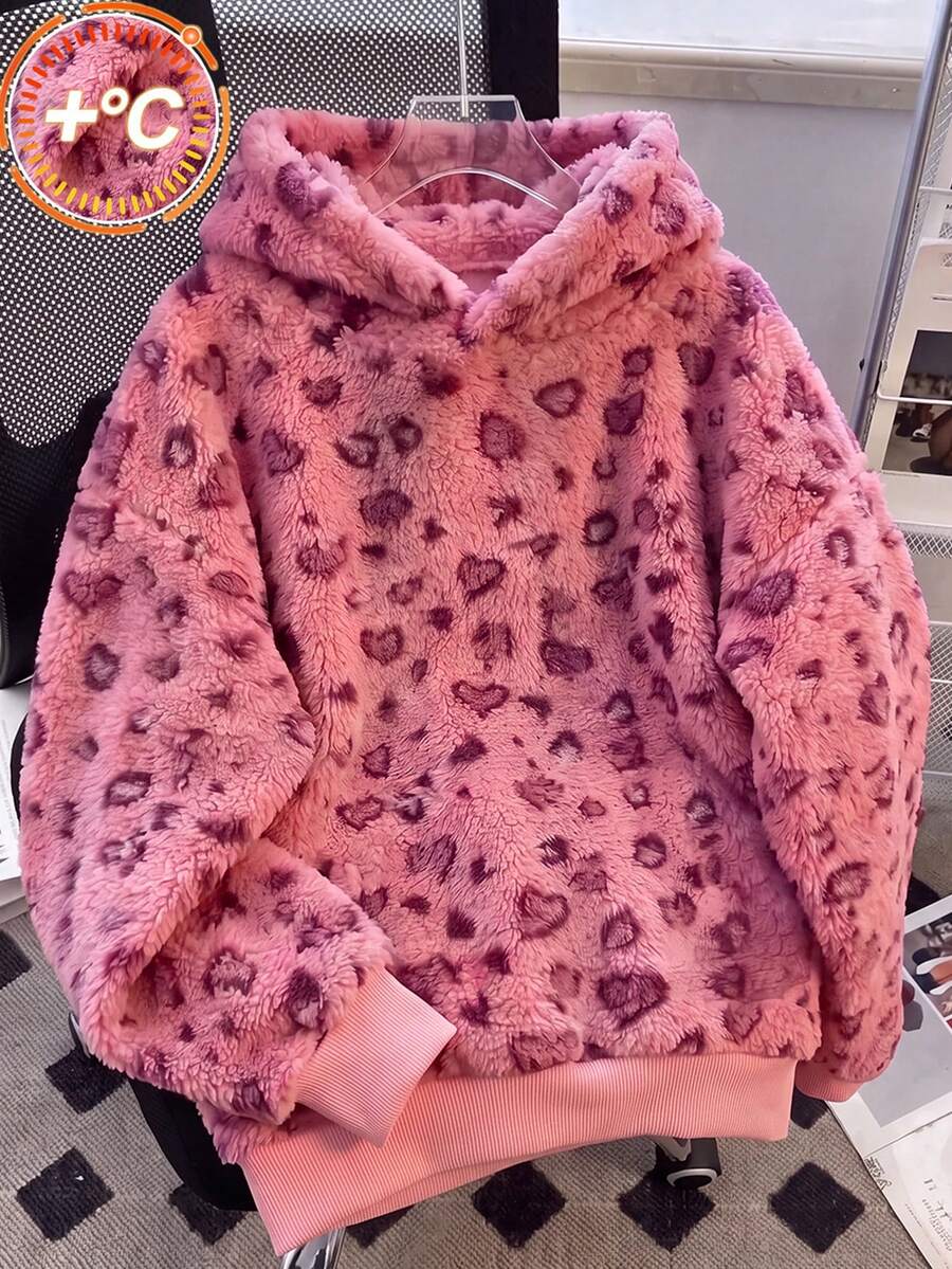 Lurzo Warm Autumn And Winter Girl Pink Love Leopard Print Double-Sided Arctic Wool Hooded Sweatshirt, Essential For Returning To School In Autumn And Winter - Pink - View 1