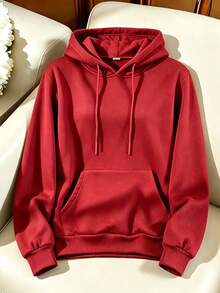 sudadera unicolor con capucha y diseño en los cordones ajustables  Liso    Casual    Bolsillo  Cordón    Colegio - rojo intenso - Ver 3