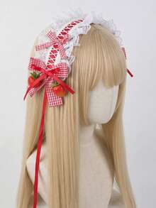 1件白色蕾絲髮箍配粉色蝴蝶結與緞帶，蘿莉塔風格時尚Cosplay女性髮飾 - 紅色 - 查看 1