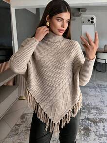 Cable Knit Tassel Cape Sweater With 3D Cable Twist Patchwork Diamond Pattern Design, Loose Casual Slouchy, Suitable For Autumn/Winter, Casual Dating, Vacation, Outing - Light Brown - View 2