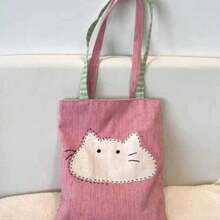 1pc Soft Cute Cat Applique Tote Bag, Fresh Pink Tone With Plaid Strap, Hand-Stitched Cute Cartoon Pattern. Large Capacity Interior Can Store Books And Personal Items, Durable And Wear-Resistant Fabric. Simple Open Design For Easy Access, Suitable For Commuting, School, Shopping And Travel. Lightweight And Portable, Healing And Charming Design, Both A Practical Daily Item And A Thoughtful Gift For Friends, Balancing Aesthetics And Functionality - Multicolor - View 6