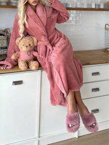 1pc Women's Solid Color Minimalist Elegant Plush Robe, Warm & Comfortable, Suitable For Home Wear And Bathing In Autumn/Winter - Dusty Pink - View 3