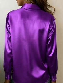 Women's Solid Color Satin Lapel Button Long Sleeve Blouse, Elegant Loose Casual Commute Top - Violet Purple - View 1