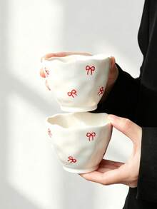 1/2pcs Red Bow Ceramic Tea Cups, Wavy Ruched Texture Coffee Mugs, Cute Girl Style Handheld Cups, Small Ceramic Tea Cups For Home, Gift For Friends - Multicolor - View 15
